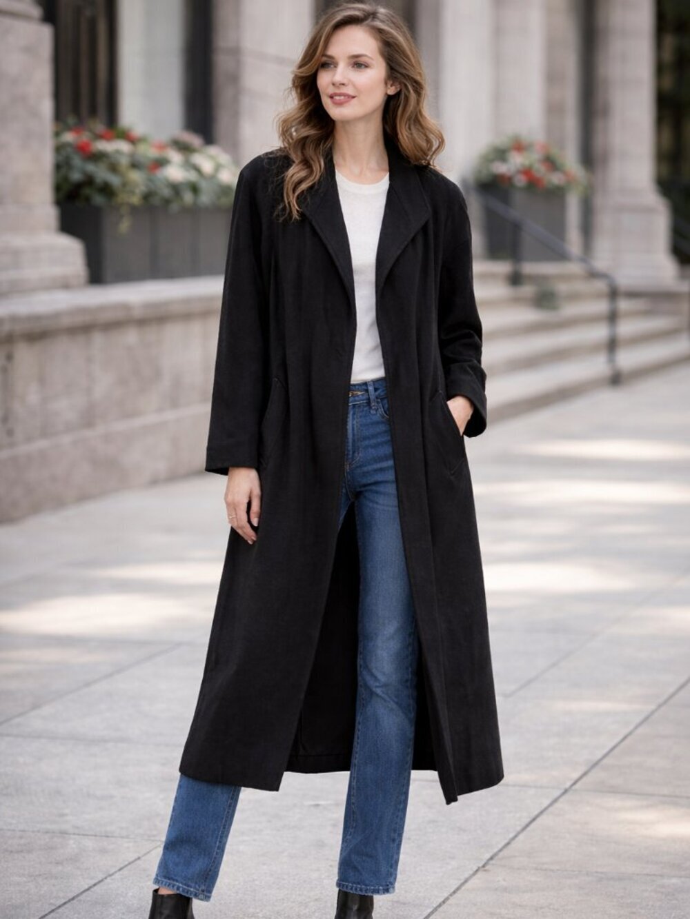 Vintage Casual Corner Long Black Wool Midi Coat Minimalist Classic 6